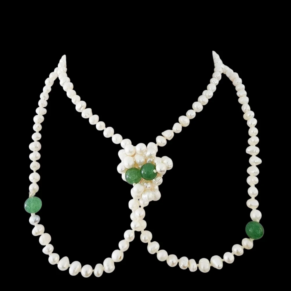 Extra long pearl necklace with green apple quartz hand knotted pearls L511 -Q5